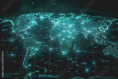 Digital world map, global communication theme, tech background, holographic light.