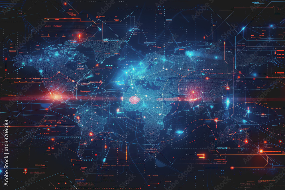 Digital world map, global communication theme, tech background, holographic light. Digital world map, global communication theme, tech background, holographic light.