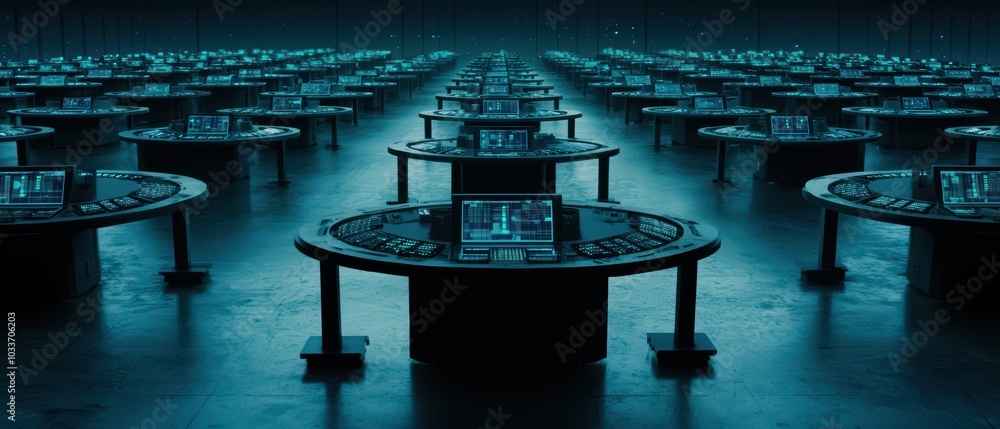Futuristic workspace with rows of high-tech computer stations illuminated in a dark environment. Futuristic workspace with rows of high-tech computer stations illuminated in a dark environment.