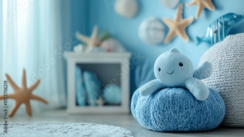 Oceanthemed nursery with soft blue walls, sea creature plush toys, and a cozy reading nook, soothing and playful, side view photo