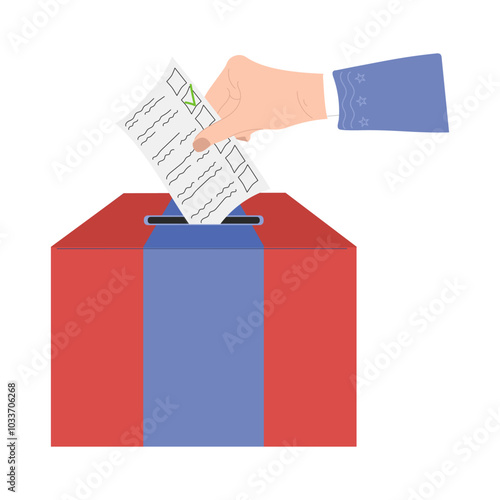 Hand is holding ballot and throwing it into the red and blue box. Every vote matters. Elections concept in USA 2024. Candidates agitation campaign. democracy, political banner. Hand drawn vector flat