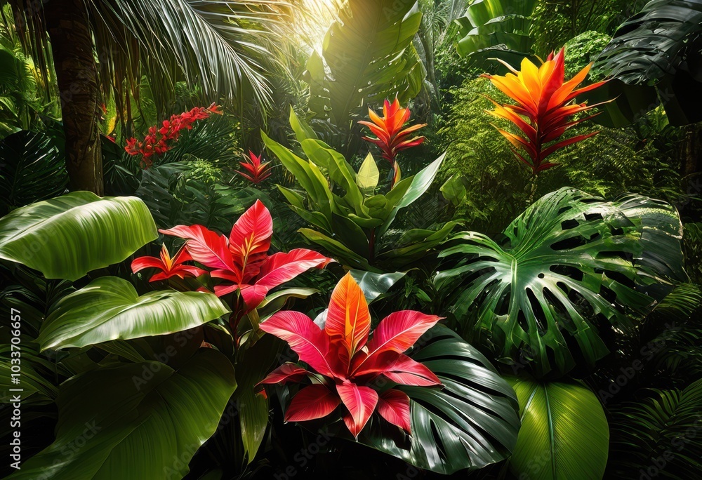bright lush tropical plant arrangement accentuated natural backdrop diverse foliage colorful blooms, botanical, contemporary, container, collection bright lush tropical plant arrangement accentuated natural backdrop diverse foliage colorful blooms, botanical, contemporary, container, collection