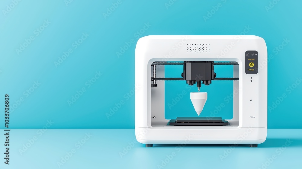 Modern 3D printer with a sleek design on a bright blue background. Modern 3D printer with a sleek design on a bright blue background.