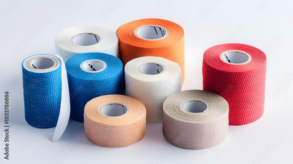 Various size of sport bandage tapes collection on white background. Various size of sport bandage tapes collection on white background.