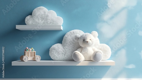 Cloudshaped shelves with soft toys, baby room design, 3D illustration photo