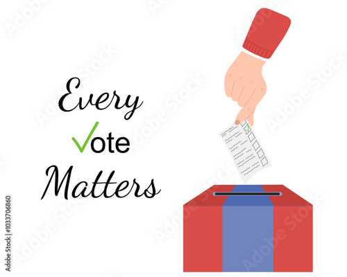 Hand is holding ballot and throwing it into the red and blue box. Every vote matters. Elections concept in USA 2024. Candidates agitation campaign. democracy, political banner. Hand drawn vector flat