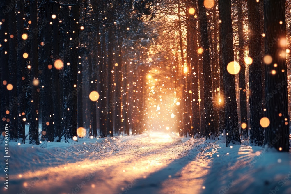Enchanted Snowy Forest in Winter Night with Magical Glow and Sparkling Snowflakes Enchanted Snowy Forest in Winter Night with Magical Glow and Sparkling Snowflakes