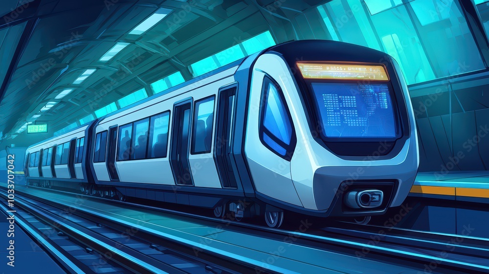 Fototapeta premium Modern train in a sleek design, showcased in a vibrant, futuristic train station environment.