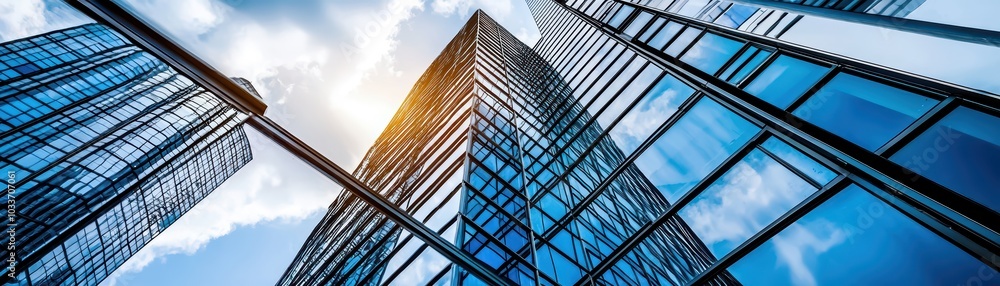 Modern skyscrapers against a blue sky, showcasing reflective glass and innovative design, capturing urban architectural beauty. Modern skyscrapers against a blue sky, showcasing reflective glass and innovative design, capturing urban architectural beauty.