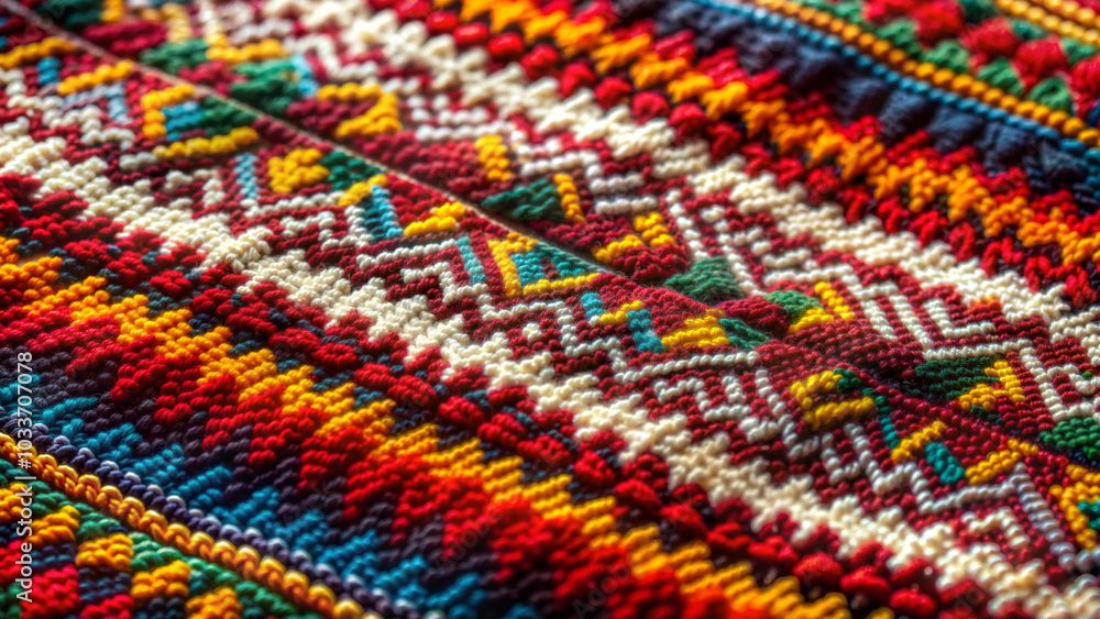 Colorful texture of knitted fabric with ethnic intricate pattern, selective focus Colorful texture of knitted fabric with ethnic intricate pattern, selective focus
