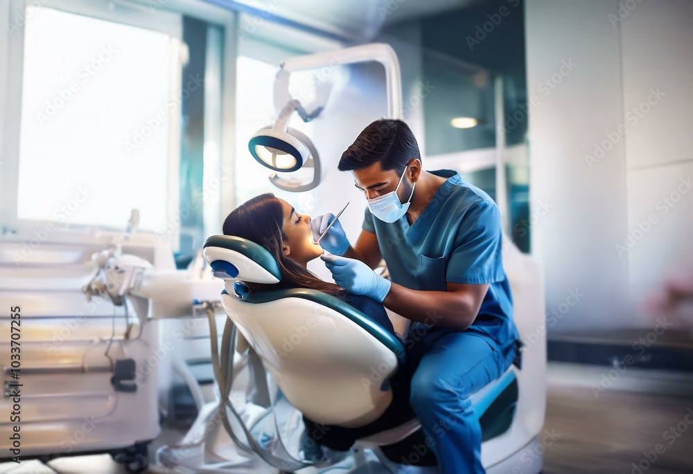 A dentist in scrubs with a face mask examines a patient's mouth with a dental tool. A dentist in scrubs with a face mask examines a patient's mouth with a dental tool.