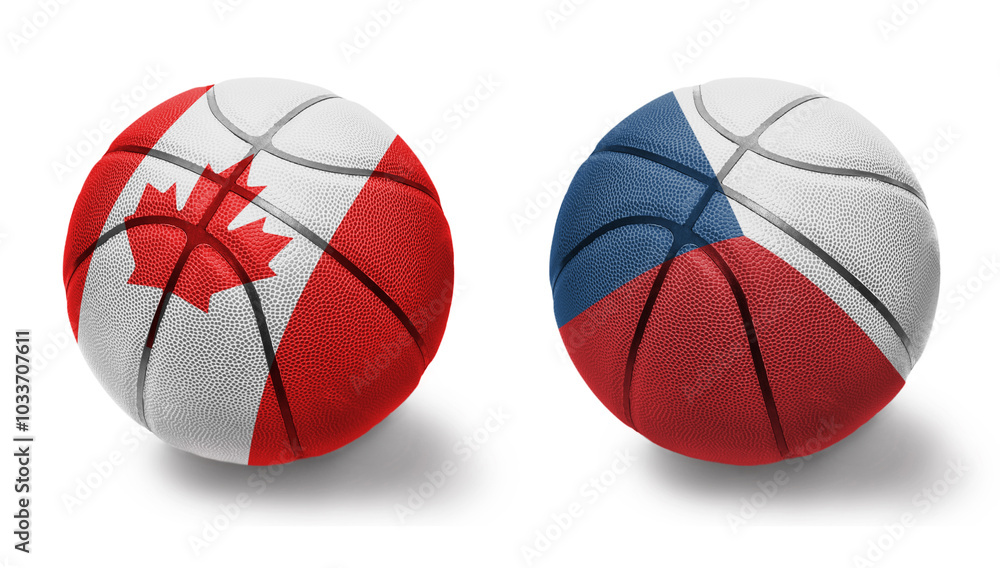 basketball balls with the national flags of czech republic and canada on the white background. basketball balls with the national flags of czech republic and canada on the white background.