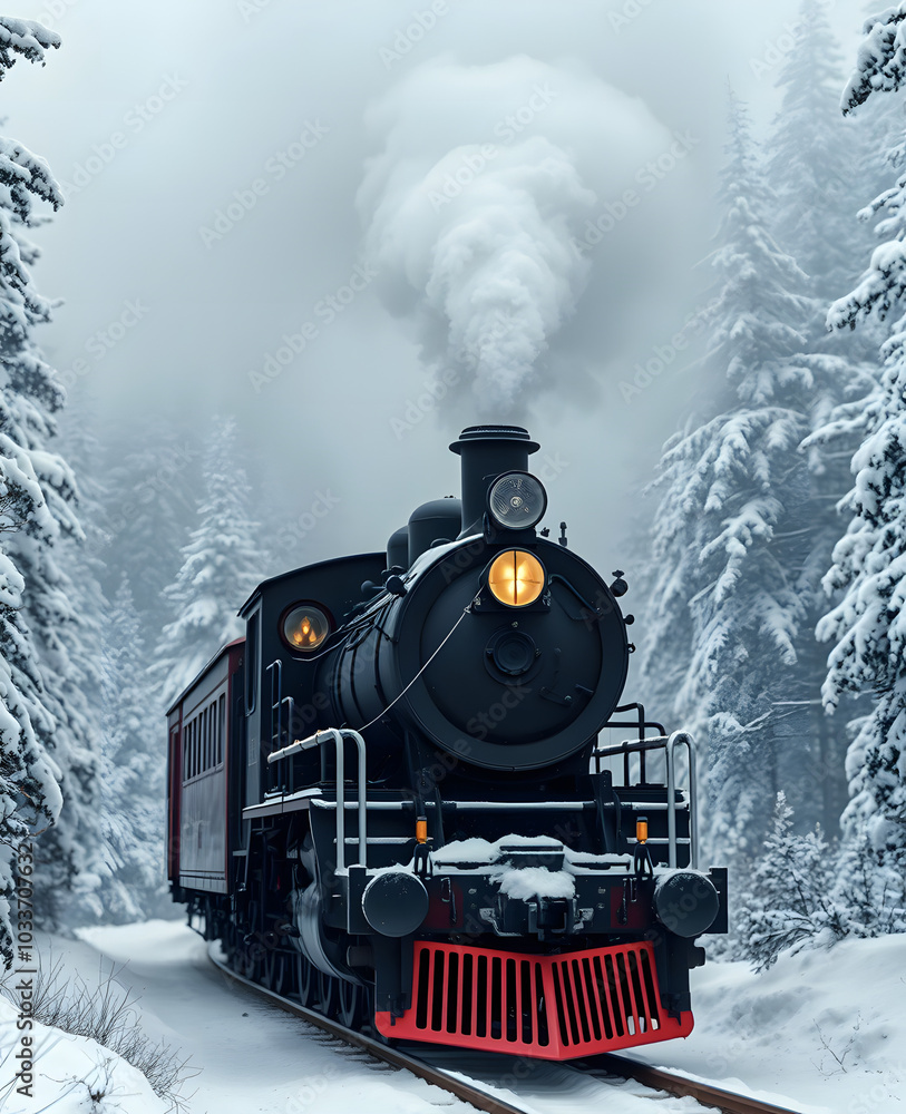 Old steam locomotive. Vintage black train moves through snowy forest at ...