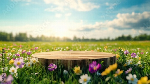Wooden stump surrounded by colorful flowers