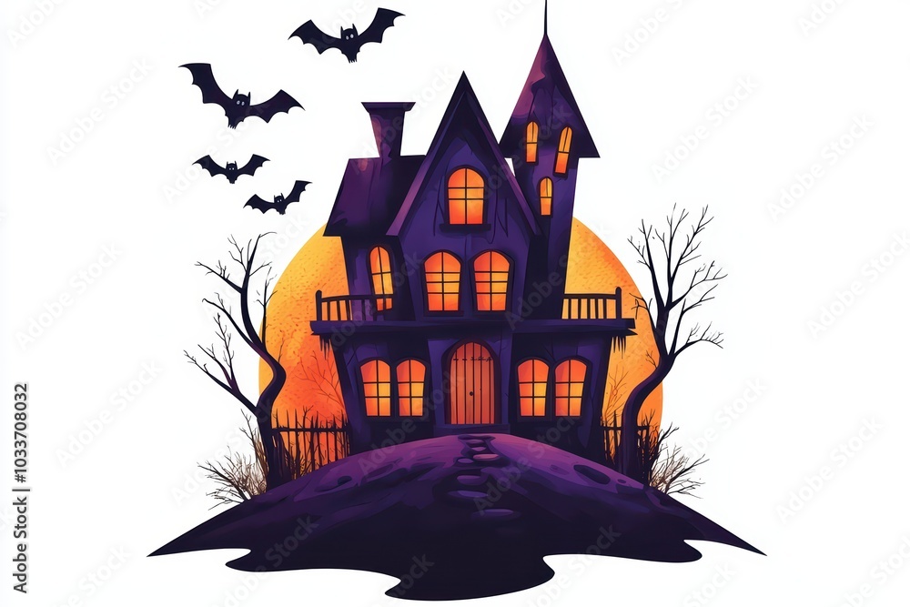 Spooky haunted house with bats flying, set against a glowing yellow moon. Spooky haunted house with bats flying, set against a glowing yellow moon.
