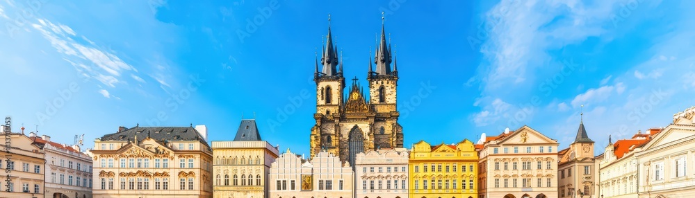 Stunning panorama of historic buildings and a church under a clear blue sky. Stunning panorama of historic buildings and a church under a clear blue sky.