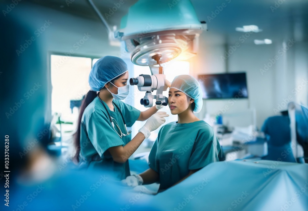 A surgeon in scrubs and a mask uses a surgical microscope to examine a patient's eye. A surgeon in scrubs and a mask uses a surgical microscope to examine a patient's eye.