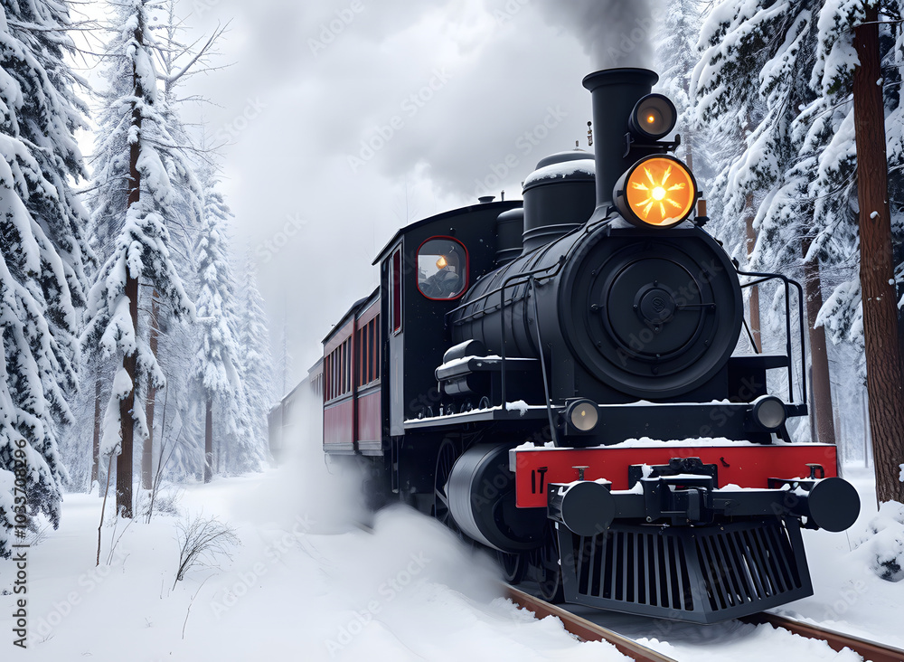 Old steam locomotive. Vintage black train moves through snowy forest at ...