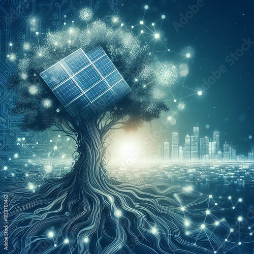 A vector depiction of a tree integrated with solar panels, powering an eco-friendly smart city in the background. 