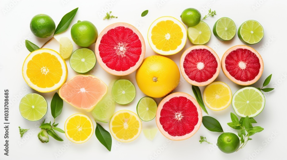 A colorful assemblage of sliced citrus fruits, including grapefruits and limes, artfully arranged against a pristine white surface. A colorful assemblage of sliced citrus fruits, including grapefruits and limes, artfully arranged against a pristine white surface.