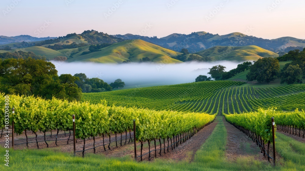 Naklejka premium Vast vineyard landscape with lush green rows and rolling hills under a misty sky during sunrise.