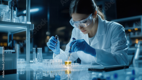 Laboratory technician analyzing fuel components with precision and focus, wearing protective gear in high tech lab environment