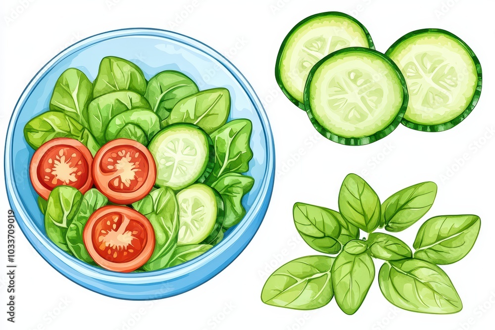 Vibrant salad bowl with fresh cucumbers, tomatoes, and leafy greens on a white background. Vibrant salad bowl with fresh cucumbers, tomatoes, and leafy greens on a white background.