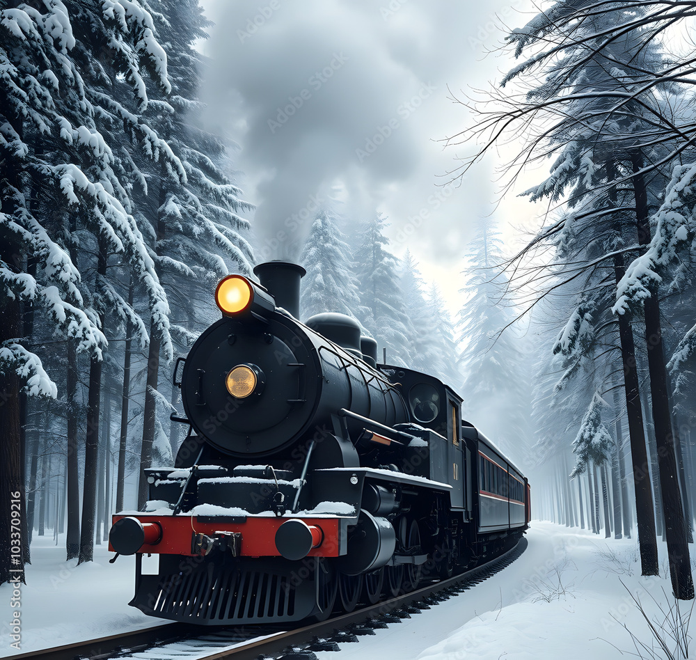 Old steam locomotive. Vintage black train moves through snowy forest at ...
