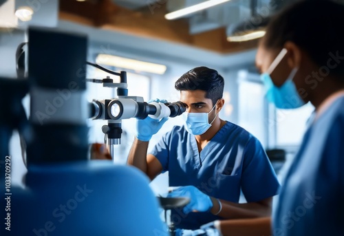 A man in scrubs and a face mask looks through a microscope in a medical setting.