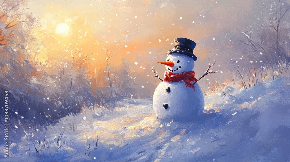 Obraz premium Snowman Celebration: Cartoon Illustration of Joyful Winter Landscape