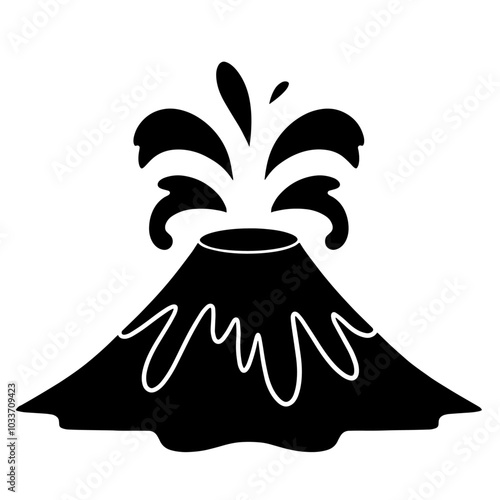 火山噴火のかわいい白黒シルエットイラスト