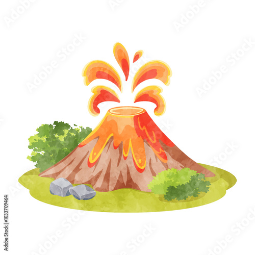 火山噴火のかわいい水彩イラスト