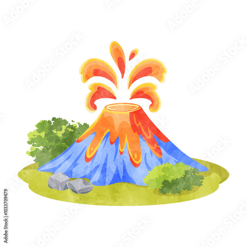 富士山噴火のかわいい水彩イラスト