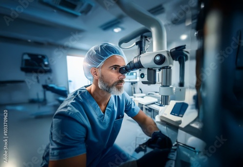 A male surgeon wearing a blue surgical gown and a surgical cap looks through a microscope in an operating room.