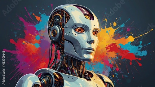 A vector illustration of an AI robot painting on a digital canvas, with vibrant abstract shapes and colors flowing from the brush. The background is filled with soft, swirling lines representing creat