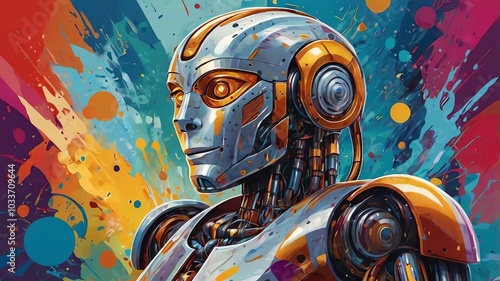 A vector illustration of an AI robot painting on a digital canvas, with vibrant abstract shapes and colors flowing from the brush. The background is filled with soft, swirling lines representing creat