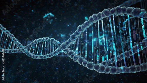 A visualization of DNA transformed into digital code, with interactive holograms displaying genetic information. The DNA helix shines with glowing hexagonal blocks of data floating in an endless digit