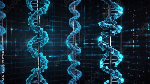 A visualization of DNA transformed into digital code, with interactive holograms displaying genetic information. The DNA helix shines with glowing hexagonal blocks of data floating in an endless digit