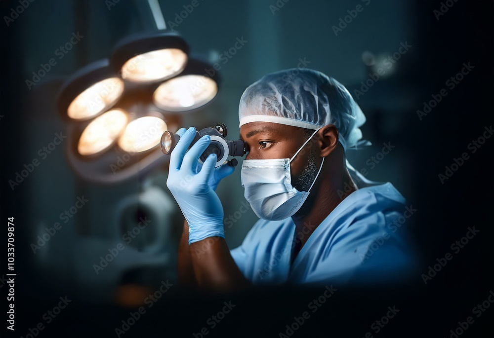 A surgeon in a blue scrubs and surgical mask looks through a medical device in a surgery room. A surgeon in a blue scrubs and surgical mask looks through a medical device in a surgery room.