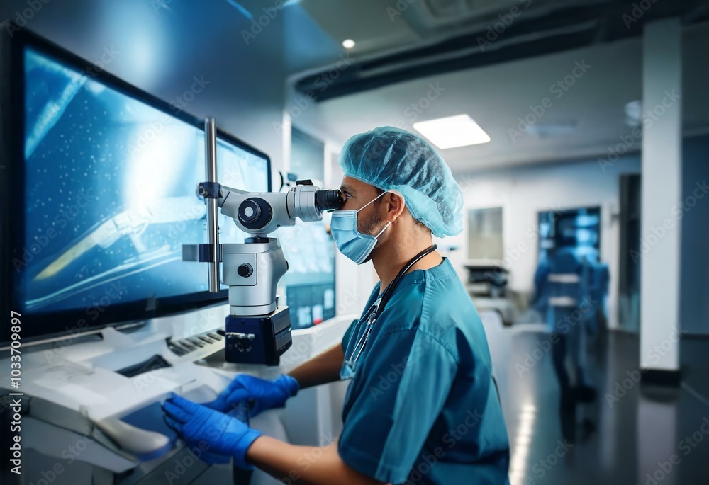 A surgeon in a sterile operating room looks through a surgical microscope. A surgeon in a sterile operating room looks through a surgical microscope.