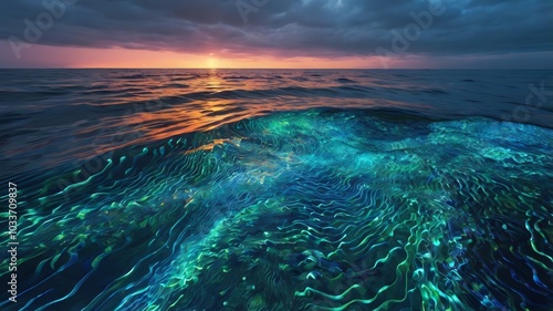 An ocean made entirely of digital waves and data streams, where fish and marine creatures are pixelated constructs. The water glows, and the waves reflect neon colors, creating a hypnotic blend of org