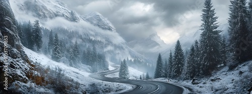 Snowy mountain road, winding up the Alps in Switzerland, foggy and snowing, beautiful scenery, cinematic.