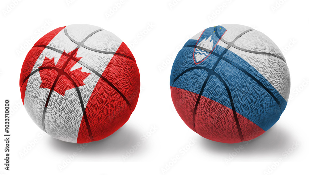 Fototapeta premium basketball balls with the national flags of slovenia and canada on the white background.
