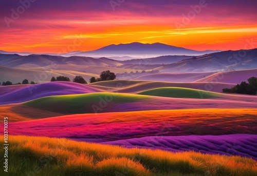 vivid sunrise colors melting over peaceful rolling hills serene landscape slopes illuminated morning light, dawn, sky, clouds, orange, pink, yellow, blue