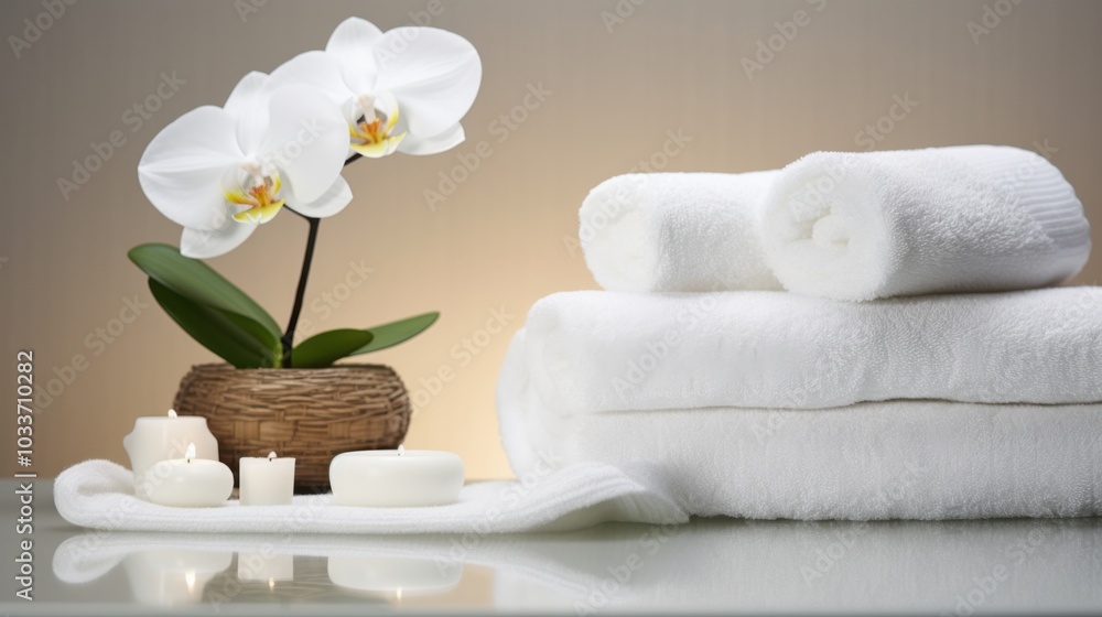 A tranquil spa scene with a white orchid and neatly folded towels, exuding relaxation and peace. A tranquil spa scene with a white orchid and neatly folded towels, exuding relaxation and peace.
