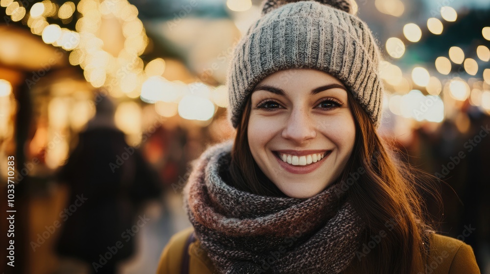 Festive Joy at Christmas Market: Smiling Woman in Winter Evening Snowfall Festive Joy at Christmas Market: Smiling Woman in Winter Evening Snowfall
