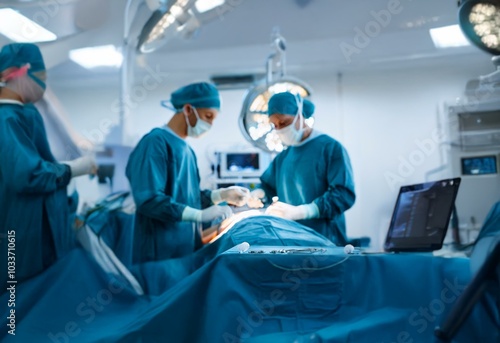 Blurred image of surgeons in a operating room performing surgery.