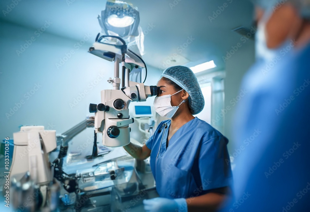 A female surgeon wearing a surgical mask and cap looks through a surgical microscope in a hospital operating room. A female surgeon wearing a surgical mask and cap looks through a surgical microscope in a hospital operating room.