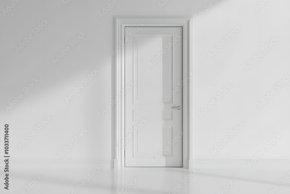 Fototapeta premium Simple white closed door in a minimalistic empty room.
