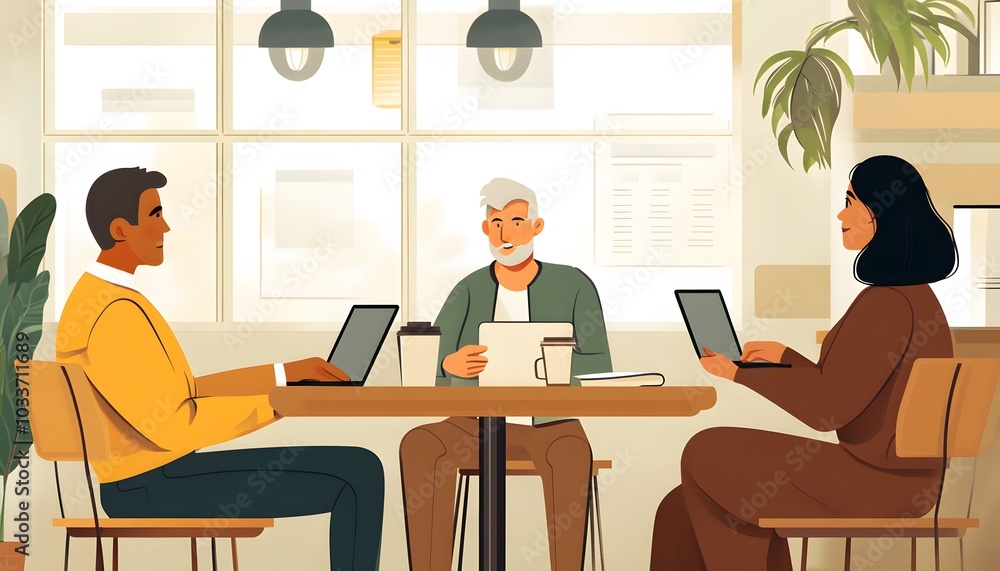 Three People Working on Laptops at a Table in a Cafe Three People Working on Laptops at a Table in a Cafe